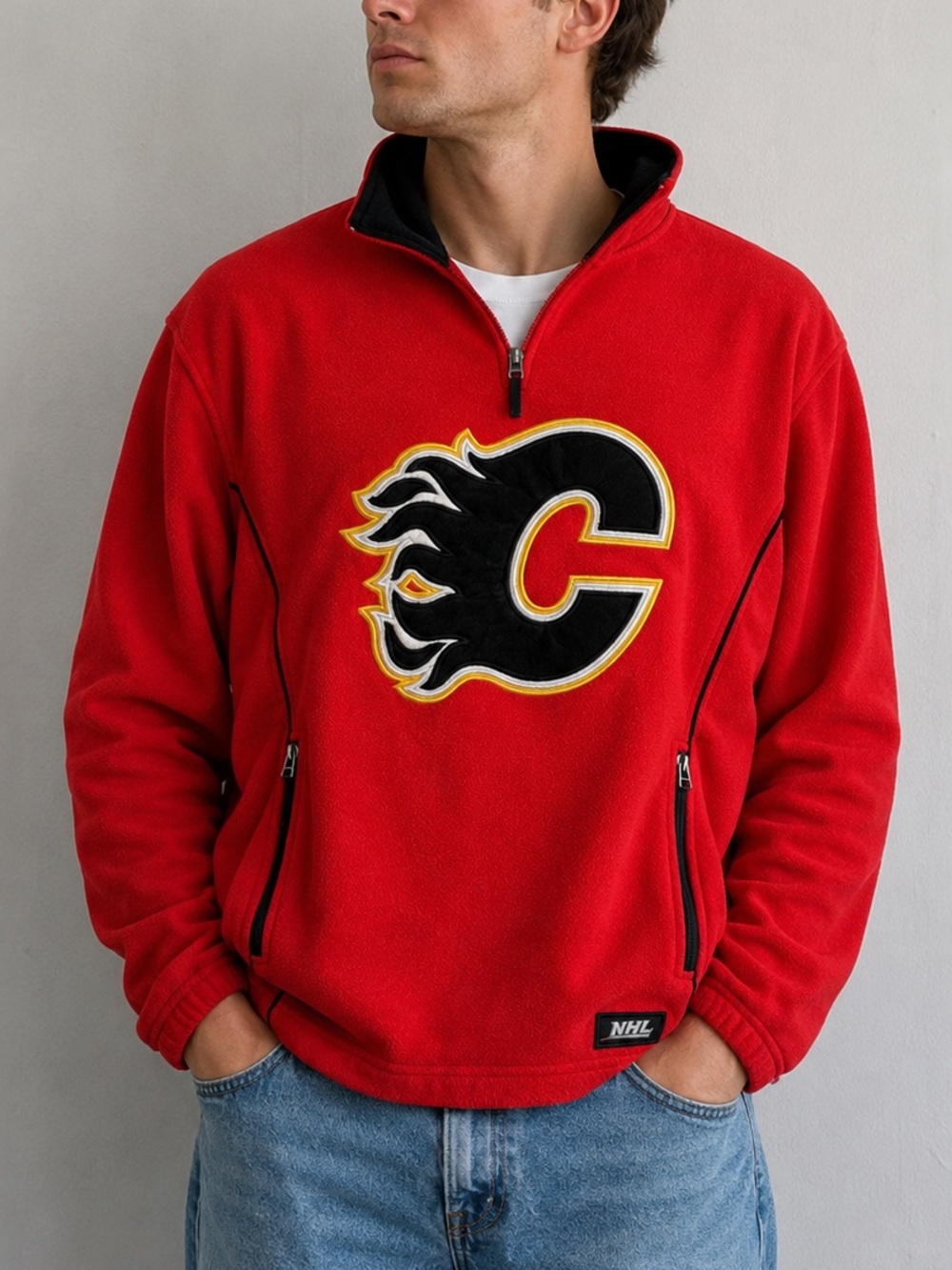 Vintage 90s NHL Calgary Flames Ilanco 1/4 Zip Fleece Pullover Men’s M